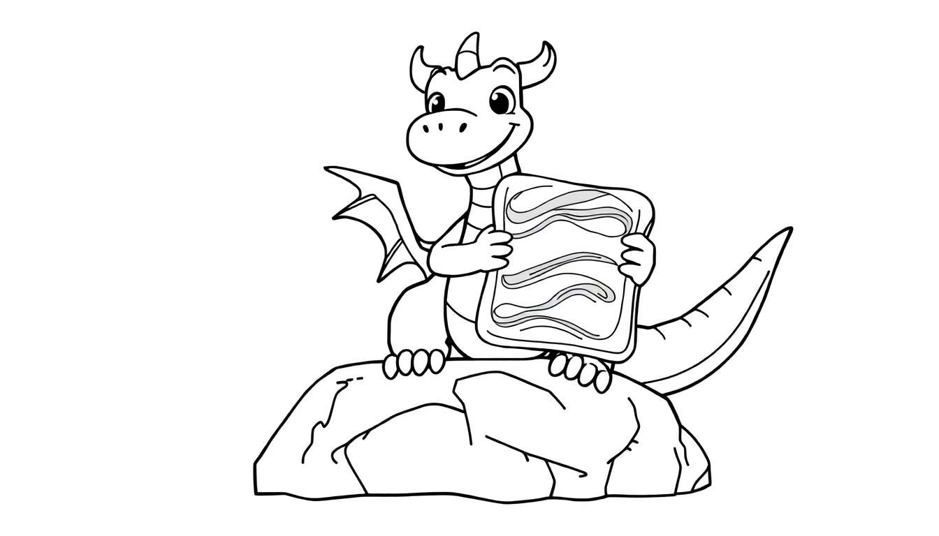 Dessin au trait d'un dragon assis sur un rocher tenant un plateau avec trois formes ondulées.