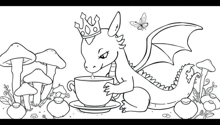 Coloriage d'un petit dragon avec une couronne buvant du thé, entouré de champignons, de baies, d'une fleur et d'un papillon.