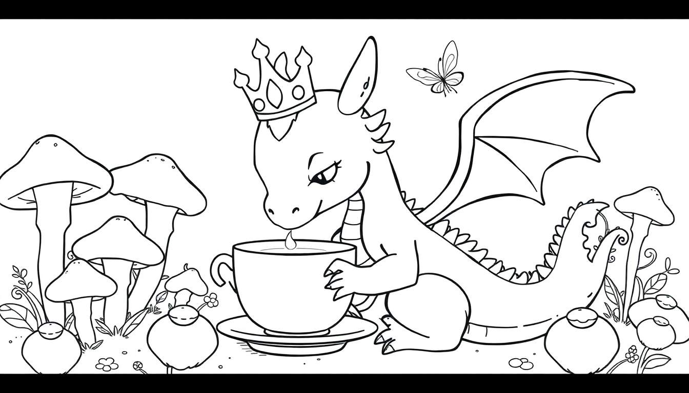 Coloriage d'un petit dragon avec une couronne buvant du thé, entouré de champignons, de baies, d'une fleur et d'un papillon.
