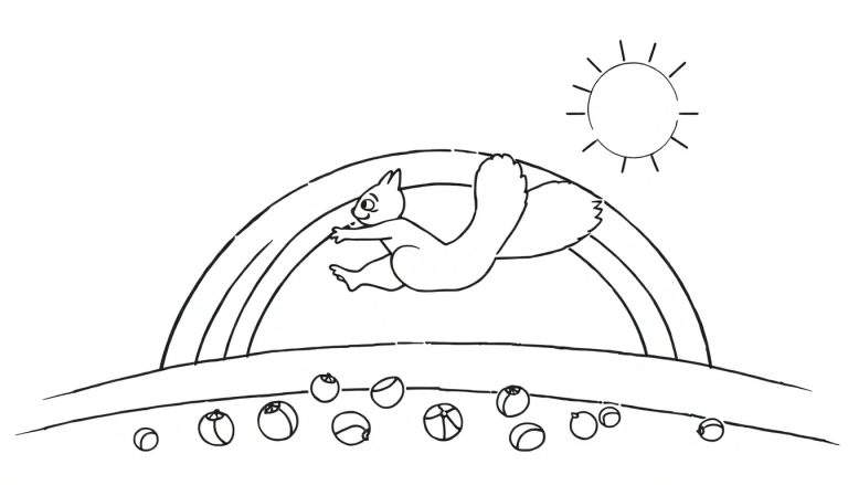 Coloriage d'un écureuil sautant par-dessus un arc-en-ciel avec un soleil.