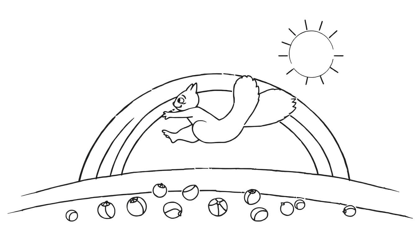 Coloriage d'un écureuil sautant par-dessus un arc-en-ciel avec un soleil.