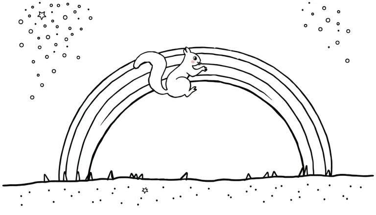 Image de coloriage d'un écureuil blanc sautant sur un arc-en-ciel, avec un sol décoré et des étoiles et cercles dans le ciel.
