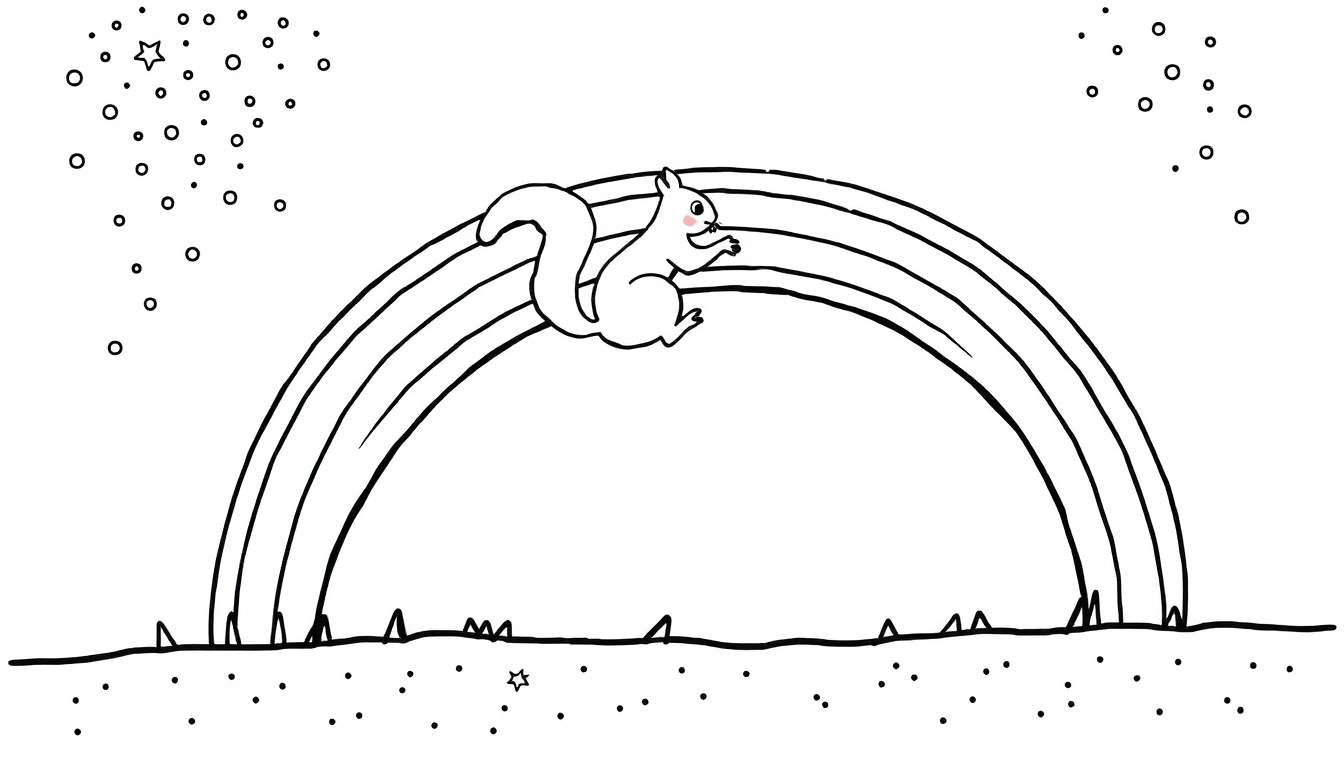 Image de coloriage d'un écureuil blanc sautant sur un arc-en-ciel, avec un sol décoré et des étoiles et cercles dans le ciel.