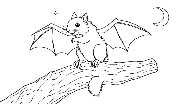 Dessin au trait d'un écureuil avec des ailes de chauve-souris, assis sur une branche d'arbre sous une étoile et un croissant de lune.