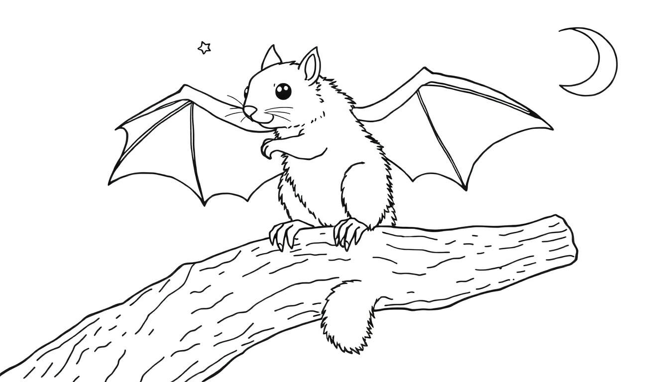 Dessin au trait d'un écureuil avec des ailes de chauve-souris, assis sur une branche d'arbre sous une étoile et un croissant de lune.