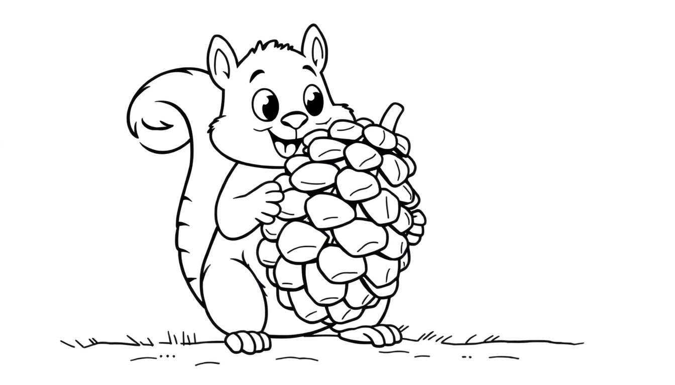 Dessin au trait noir et blanc d'un écureuil souriant tenant un cône de pin.