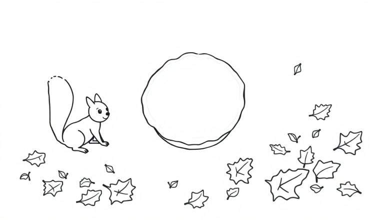 Coloriage d'un écureuil dessiné en noir et blanc, assis à côté d'une grande forme circulaire, entouré de feuilles. Fond blanc.