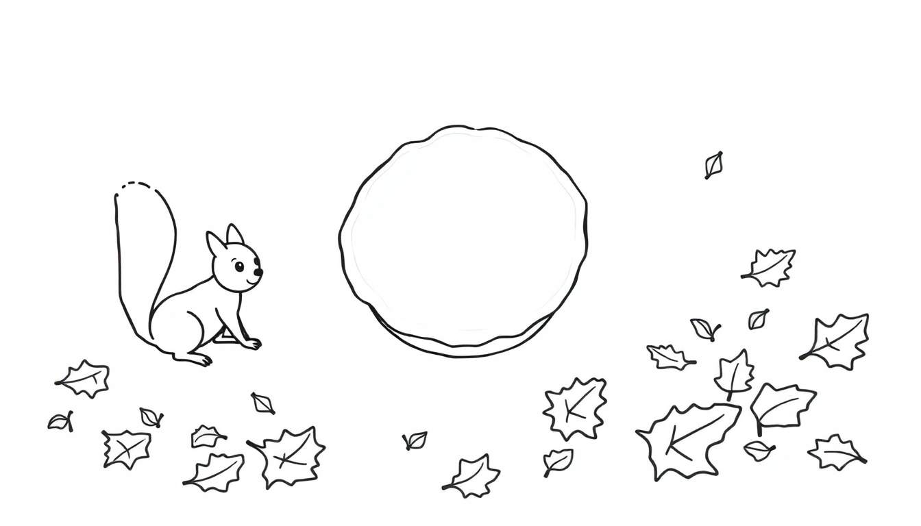 Coloriage d'un écureuil dessiné en noir et blanc, assis à côté d'une grande forme circulaire, entouré de feuilles. Fond blanc.