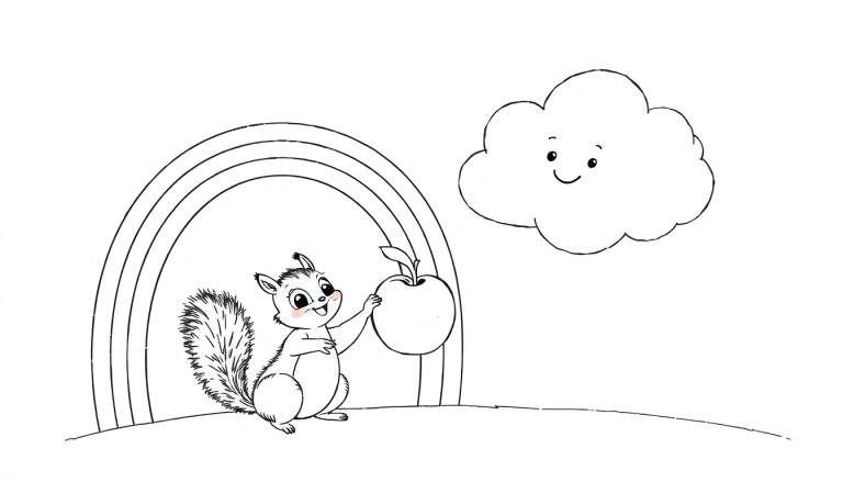 Coloriage d'un écureuil souriant tenant une pomme, sous un arc-en-ciel et à côté d'un nuage souriant.