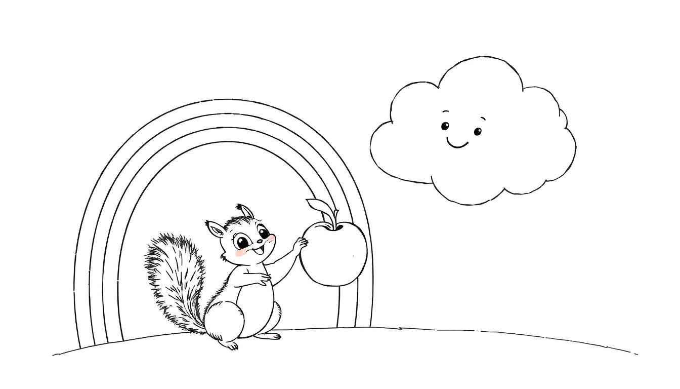 Coloriage d'un écureuil souriant tenant une pomme, sous un arc-en-ciel et à côté d'un nuage souriant.