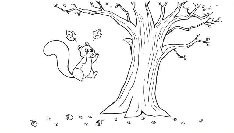 Illustration de coloriage d'un écureuil joyeux sautant près d'un grand arbre en automne, avec des feuilles et des glands par terre.
