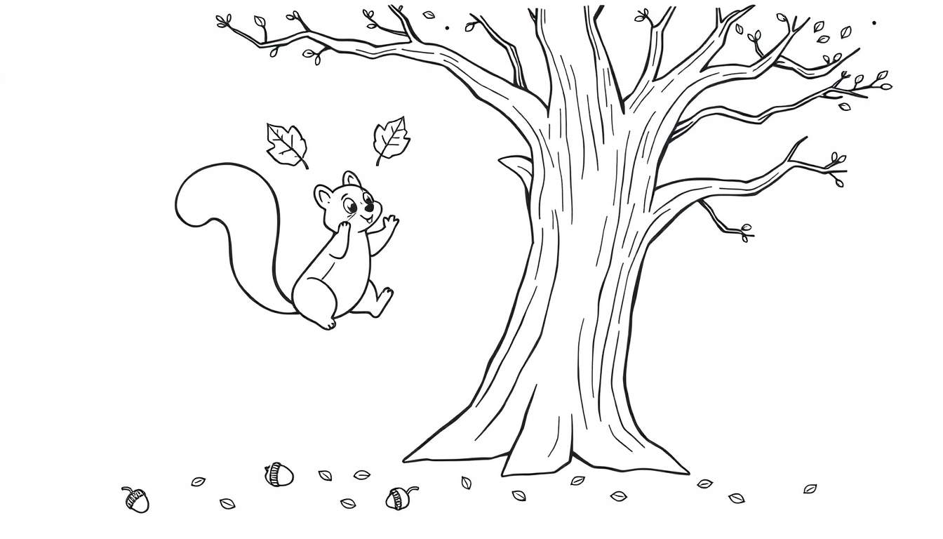 Illustration de coloriage d'un écureuil joyeux sautant près d'un grand arbre en automne, avec des feuilles et des glands par terre.