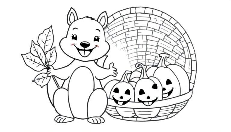 Coloriage d'un écureuil souriant faisant un signe de pouce levé, à côté d'un panier rempli de citrouilles d'Halloween décorées.