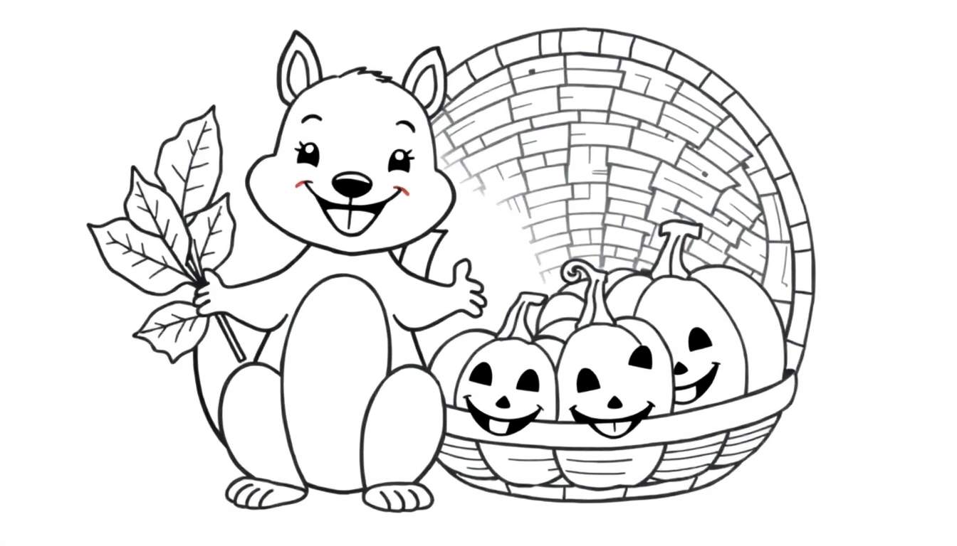 Coloriage d'un écureuil souriant faisant un signe de pouce levé, à côté d'un panier rempli de citrouilles d'Halloween décorées.