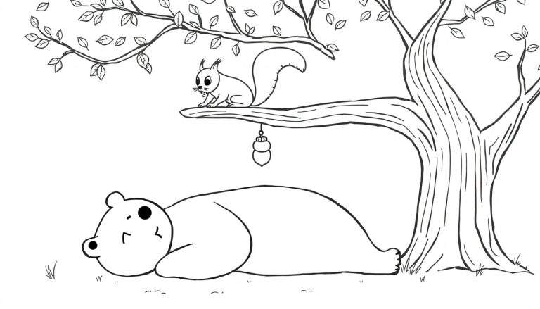 Dessin au trait noir et blanc pour coloriage : un grand arbre avec un ours endormi à son pied et un écureuil sur une branche.