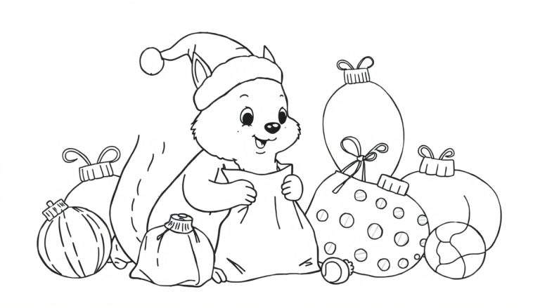 Dessin au trait d'un petit écureuil avec un bonnet de Père Noël, regardant dans un sac cadeau, entouré de boules de Noël.