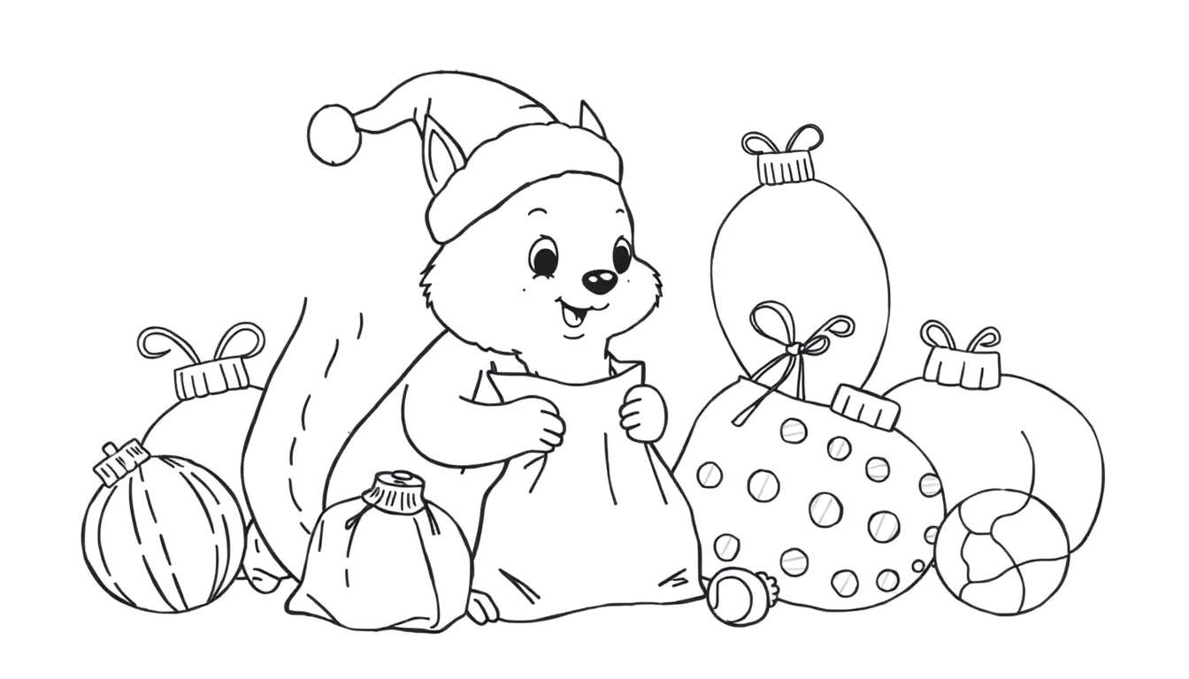 Dessin au trait d'un petit écureuil avec un bonnet de Père Noël, regardant dans un sac cadeau, entouré de boules de Noël.