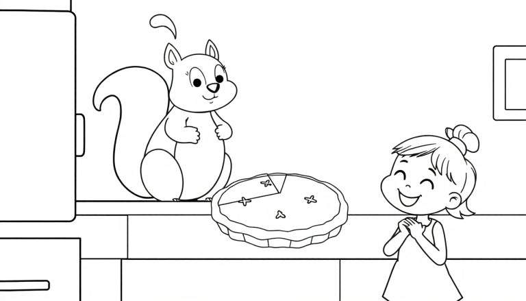 Dessin au trait d'un écureuil à gauche, une tarte au milieu, et une petite fille souriante à droite dans une cuisine.