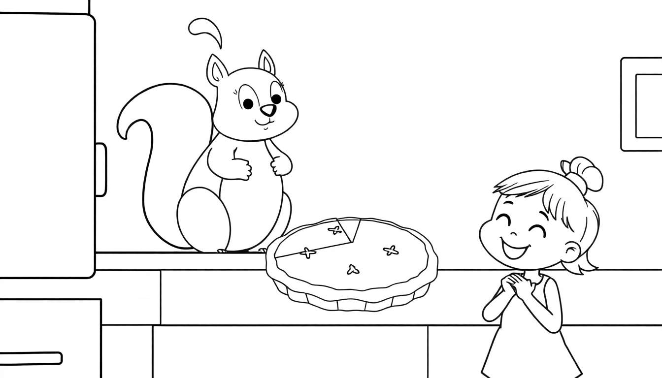 Dessin au trait d'un écureuil à gauche, une tarte au milieu, et une petite fille souriante à droite dans une cuisine.