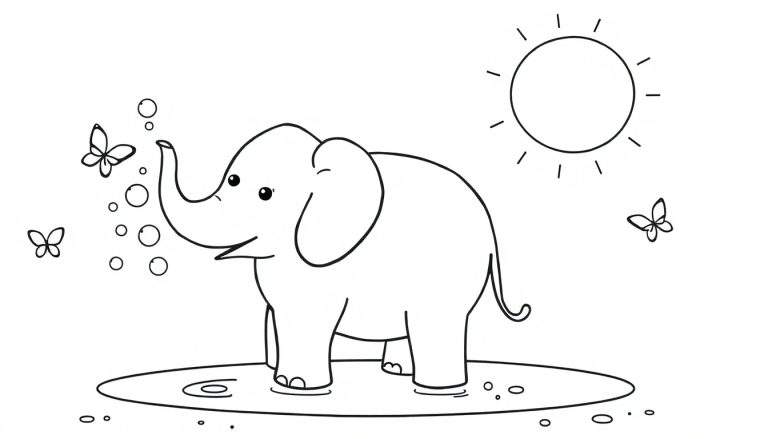 Dessin en noir et blanc d'un éléphant souriant jouant avec des bulles, avec des papillons et le soleil.