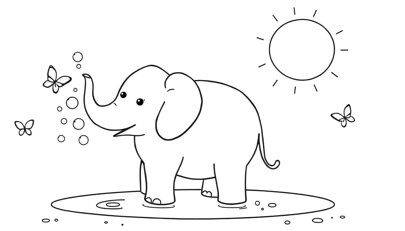 Dessin en noir et blanc d'un éléphant souriant jouant avec des bulles, avec des papillons et le soleil.