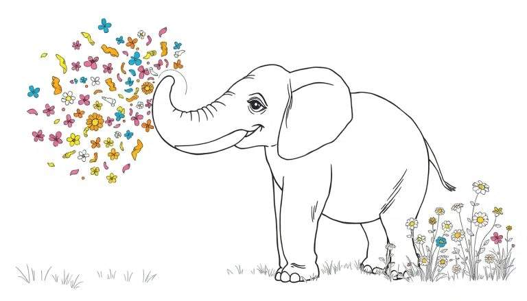 Coloriage d'un éléphant joyeux soufflant des fleurs et des papillons colorés de sa trompe, dans un pré.