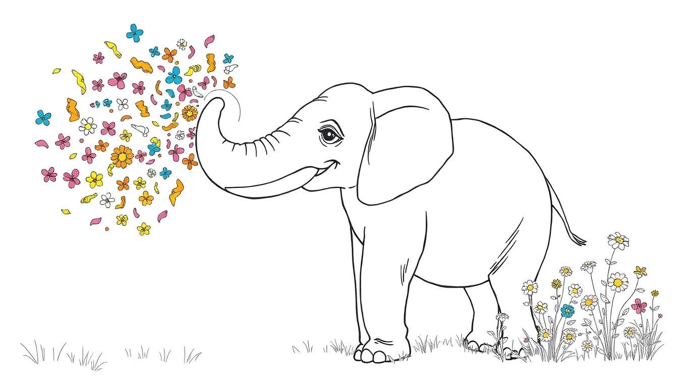Coloriage d'un éléphant joyeux soufflant des fleurs et des papillons colorés de sa trompe, dans un pré.