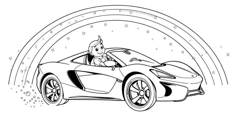 Dessin au trait d'un enfant souriant au volant d'une voiture de sport, avec un arc-en-ciel et des étoiles.