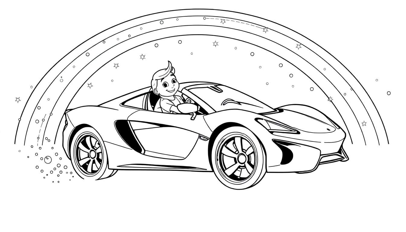 Dessin au trait d'un enfant souriant au volant d'une voiture de sport, avec un arc-en-ciel et des étoiles.