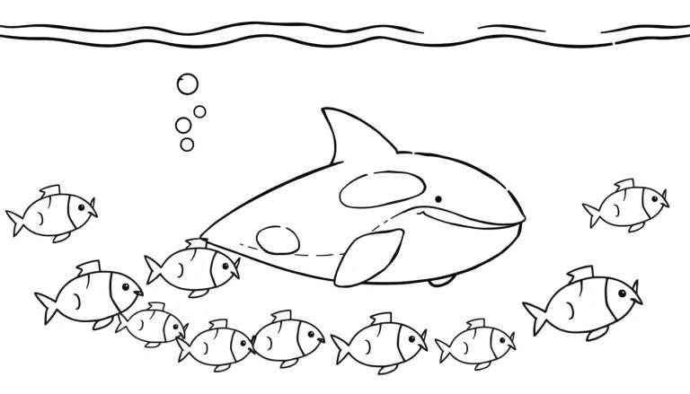 Dessin au trait d'un épaulard stylisé et mignon nageant avec de nombreux petits poissons autour de lui, avec des bulles dans le coin supérieur gauche, prêt à être colorié.