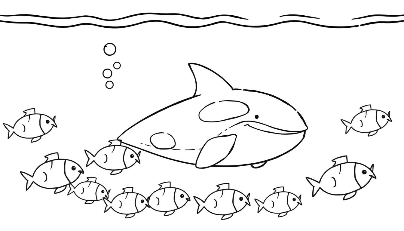 Dessin au trait d'un épaulard stylisé et mignon nageant avec de nombreux petits poissons autour de lui, avec des bulles dans le coin supérieur gauche, prêt à être colorié.