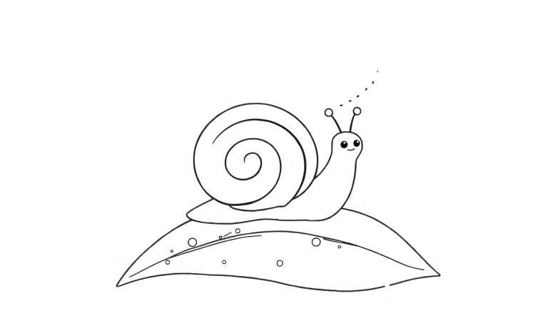 Dessin au trait d'un escargot souriant de style cartoon sur une feuille avec des cercles.