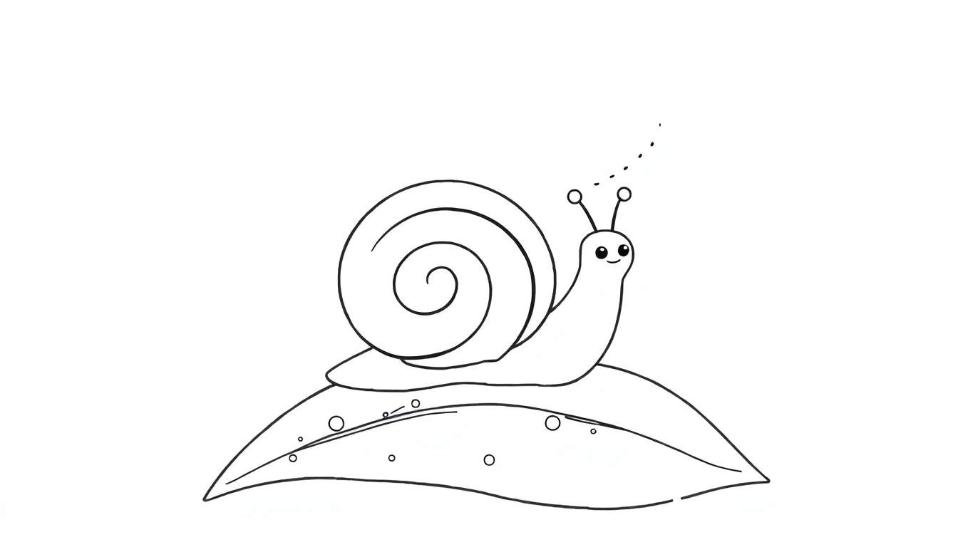 Dessin au trait d'un escargot souriant de style cartoon sur une feuille avec des cercles.