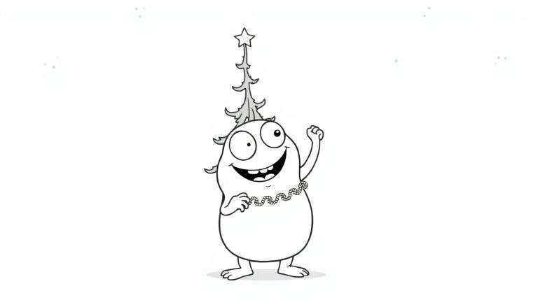 Coloriage d'un extraterrestre souriant en forme de haricot avec une guirlande et un sapin sur la tête.