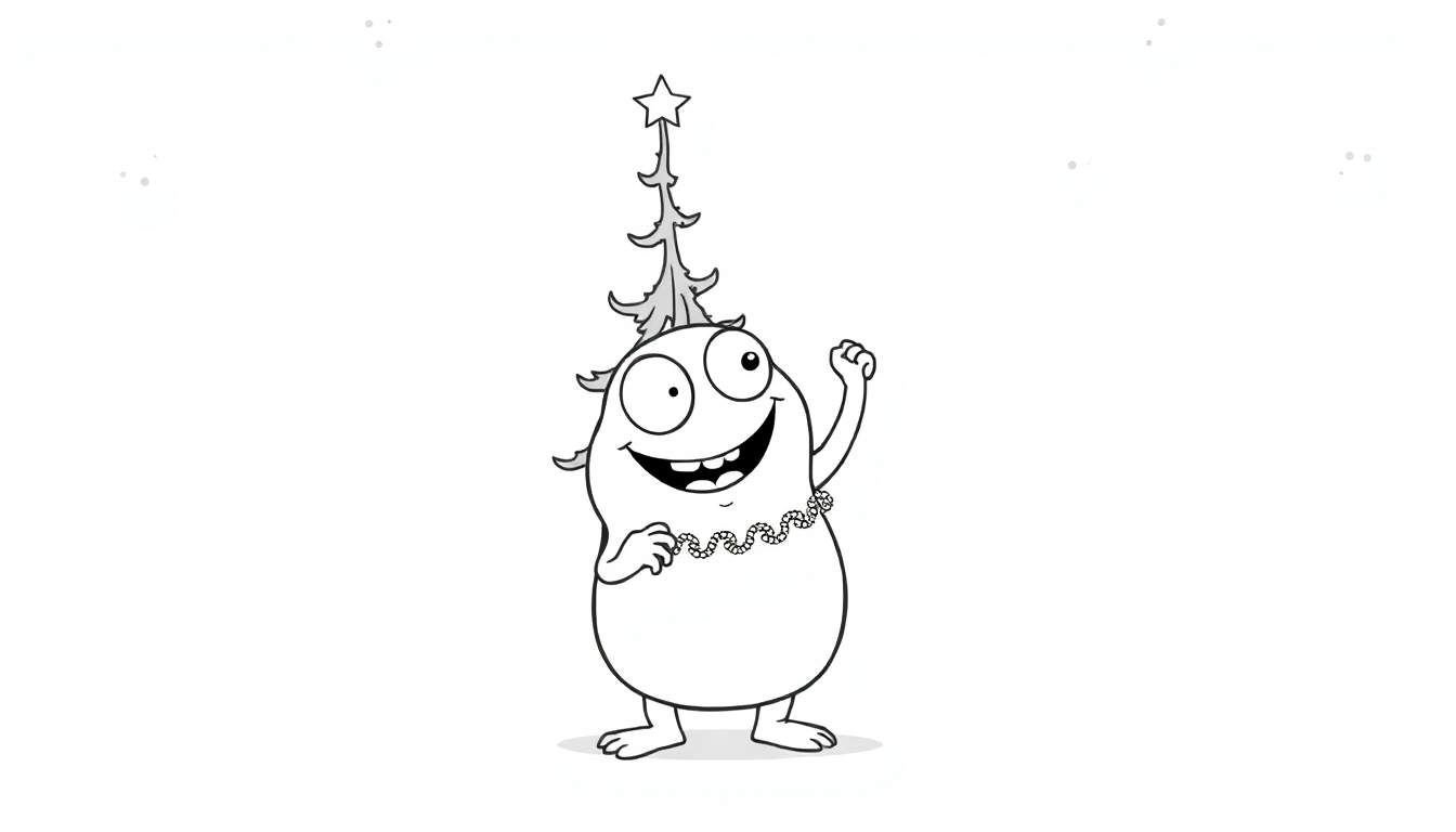 Coloriage d'un extraterrestre souriant en forme de haricot avec une guirlande et un sapin sur la tête.
