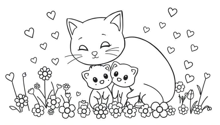 Dessin à colorier d'une grande chatte assise entourée de deux petits chatons, dans un champ de fleurs avec des cœurs dans le ciel.