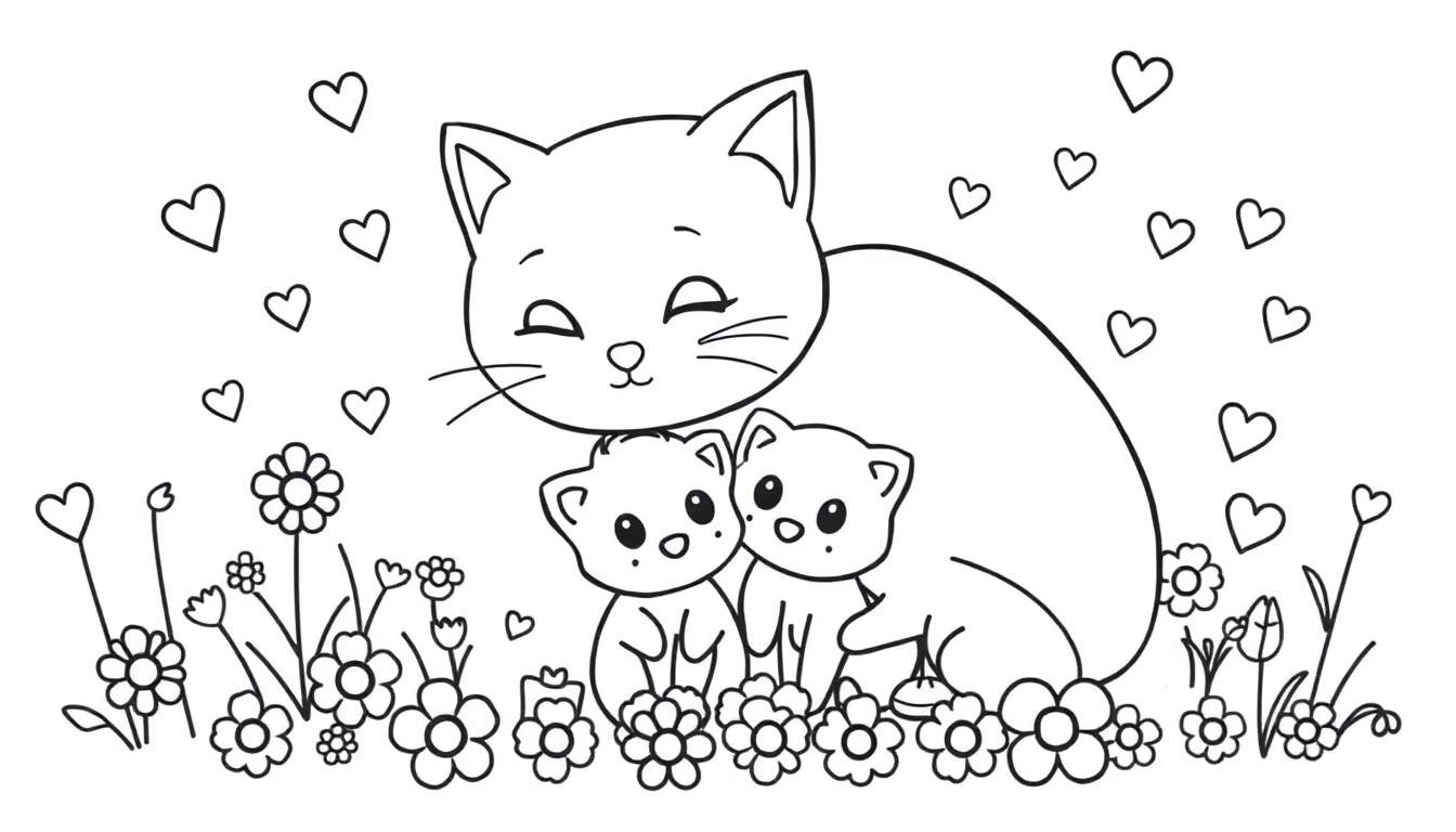 Dessin à colorier d'une grande chatte assise entourée de deux petits chatons, dans un champ de fleurs avec des cœurs dans le ciel.