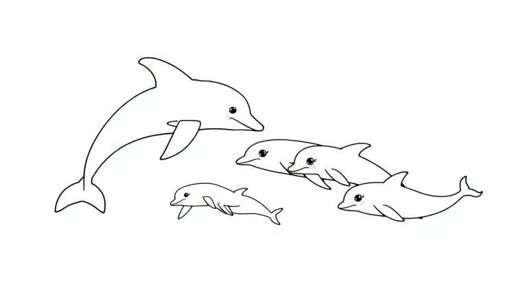 Coloriage d'une famille de dauphins nageant ensemble, avec un grand dauphin et plusieurs petits dauphins. Les dauphins ont des joues rosées et l'arrière-plan est blanc.