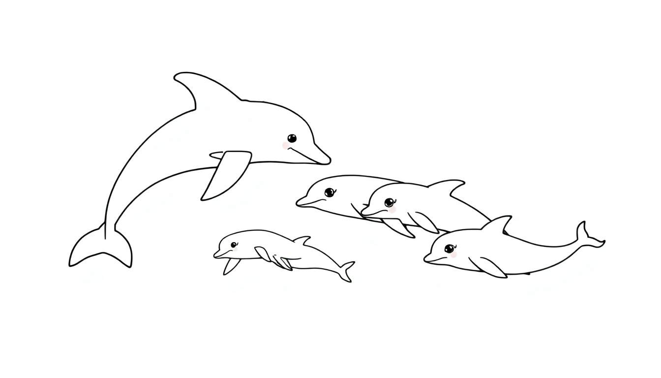 Coloriage d'une famille de dauphins nageant ensemble, avec un grand dauphin et plusieurs petits dauphins. Les dauphins ont des joues rosées et l'arrière-plan est blanc.