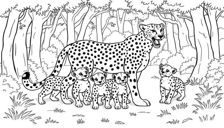 Coloriage d'une mère guépard et de ses quatre bébés guépards dans une forêt.