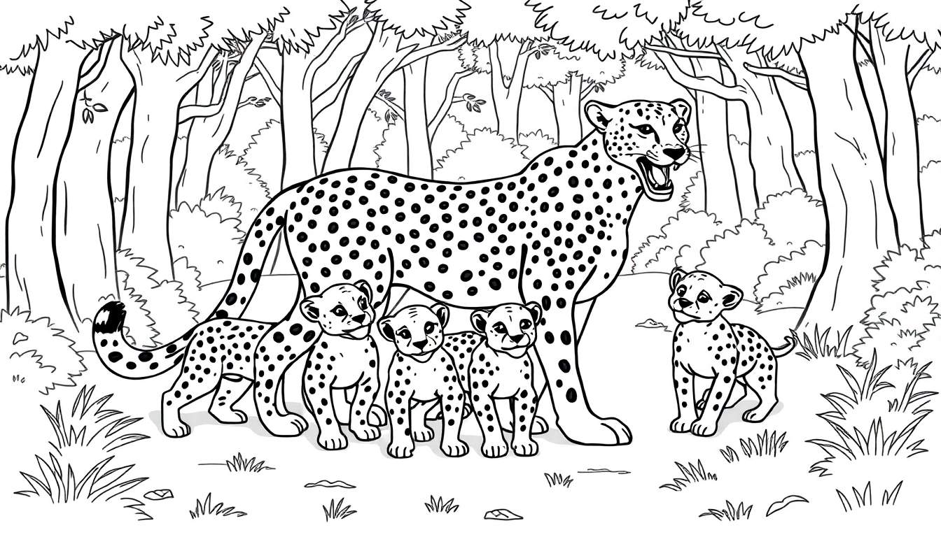 Coloriage d'une mère guépard et de ses quatre bébés guépards dans une forêt.