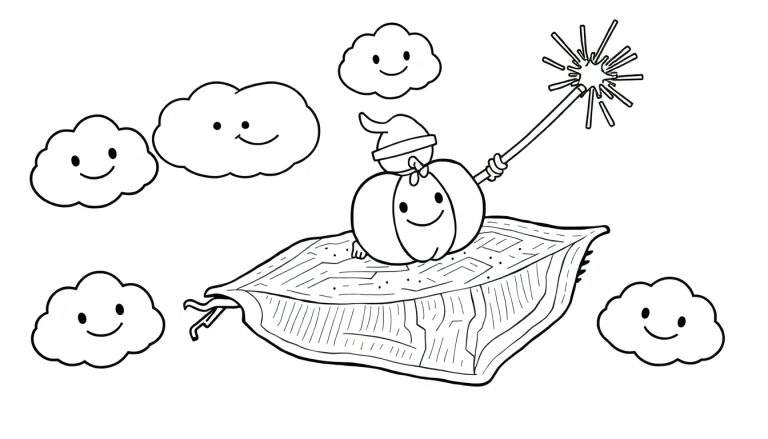 Dessin au trait d'un fantôme de citrouille souriant avec un bonnet, sur un tapis volant, tenant une baguette magique qui brille, entouré de nuages souriants.