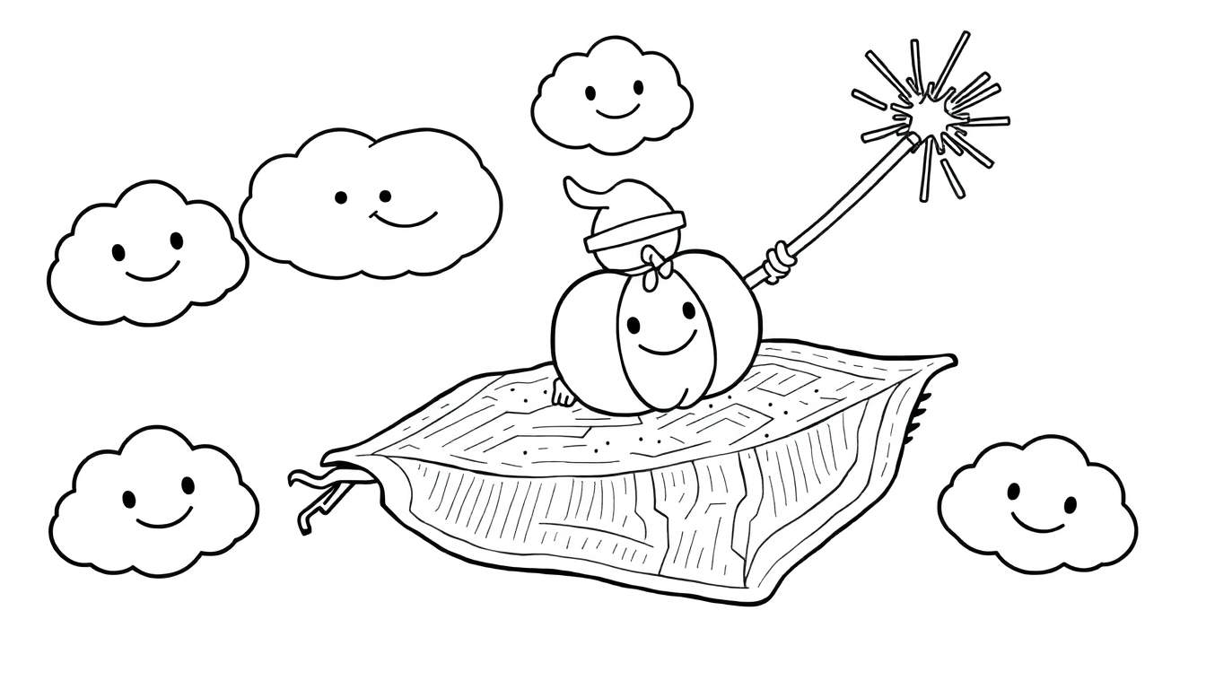 Dessin au trait d'un fantôme de citrouille souriant avec un bonnet, sur un tapis volant, tenant une baguette magique qui brille, entouré de nuages souriants.