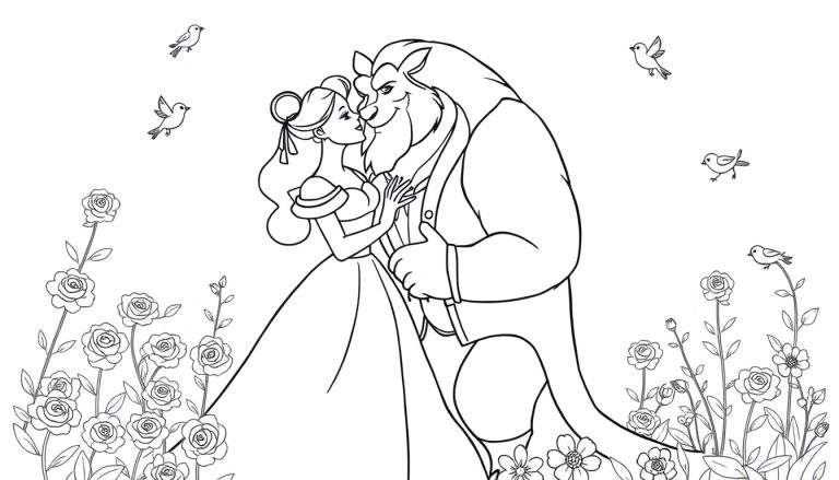 Dessin au trait romantique d'une femme embrassant une bête, avec des roses et des oiseaux.