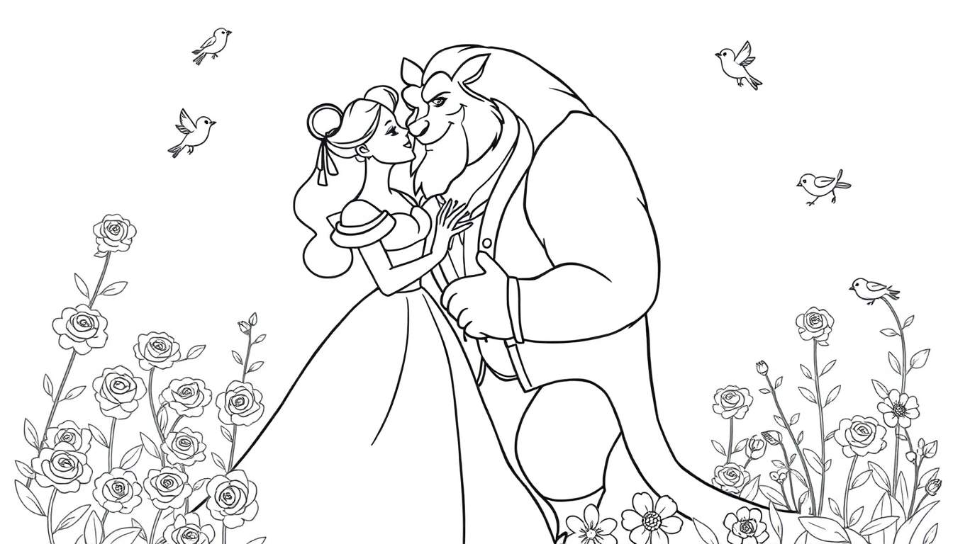 Dessin au trait romantique d'une femme embrassant une bête, avec des roses et des oiseaux.