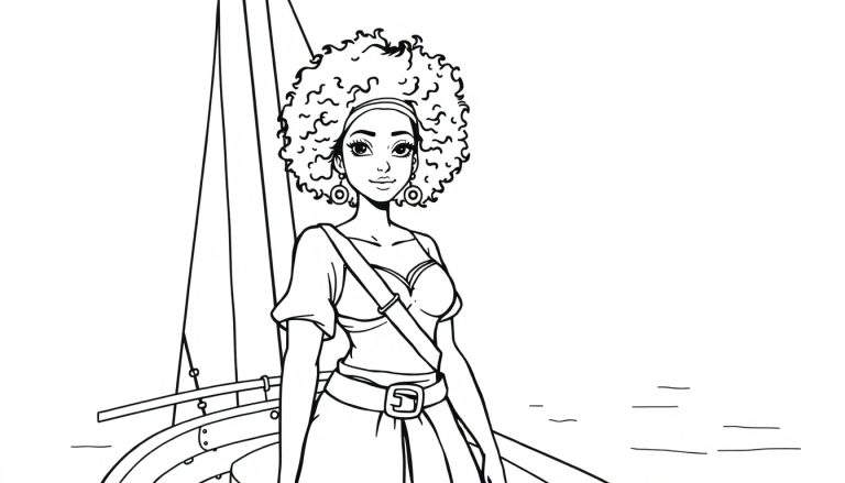 Coloriage d'une jeune femme pirate métisse souriante avec des cheveux frisés, vêtue d'un bandeau, d'un corsage et d'une jupe, debout sur le pont d'un bateau avec le mât et les voiles visibles, en pleine mer.