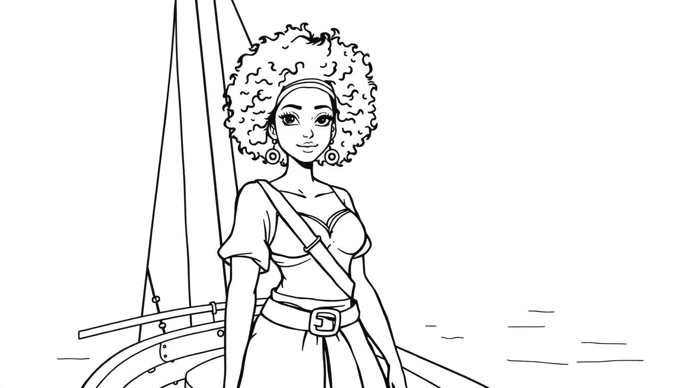 Coloriage d'une jeune femme pirate métisse souriante avec des cheveux frisés, vêtue d'un bandeau, d'un corsage et d'une jupe, debout sur le pont d'un bateau avec le mât et les voiles visibles, en pleine mer.