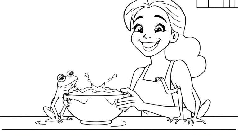 Dessin au trait d'une femme souriante avec un tablier préparant quelque chose dans un bol, avec une grenouille assise à côté.
