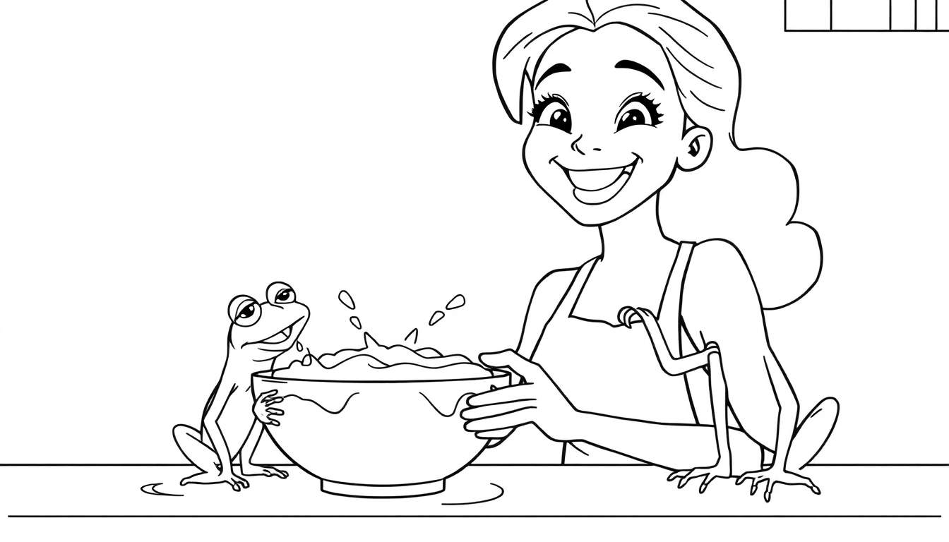Dessin au trait d'une femme souriante avec un tablier préparant quelque chose dans un bol, avec une grenouille assise à côté.