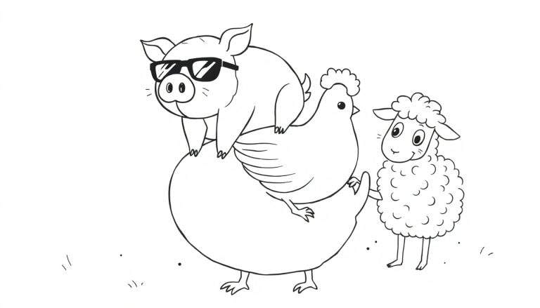 Dessin au trait noir et blanc d'un cochon avec des lunettes de soleil assis sur une poule, avec un mouton debout à droite.